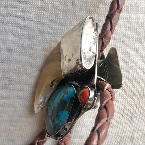 Vintage Native American Sterling Bennett Turquoise Carnelian Talon Claw Bolo - Picture 13 of 14